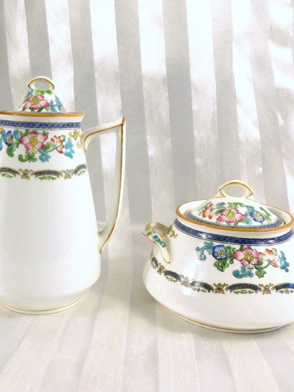 Minton Sugar Bowl and Creamer Set with Enamel Flowers and Blue Trim # 26734